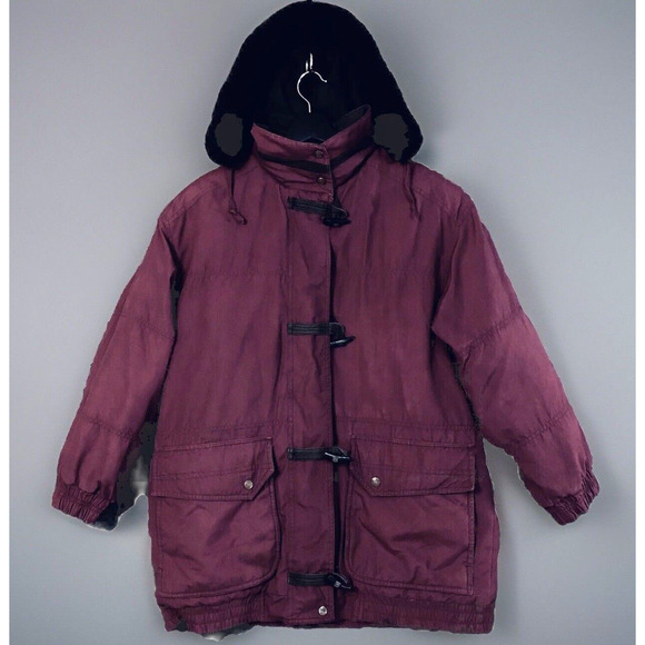 Current Seen Long Jacket M Womens VTG Faux Fur Hood Wine Red Toggle Button Zip - Picture 1 of 16